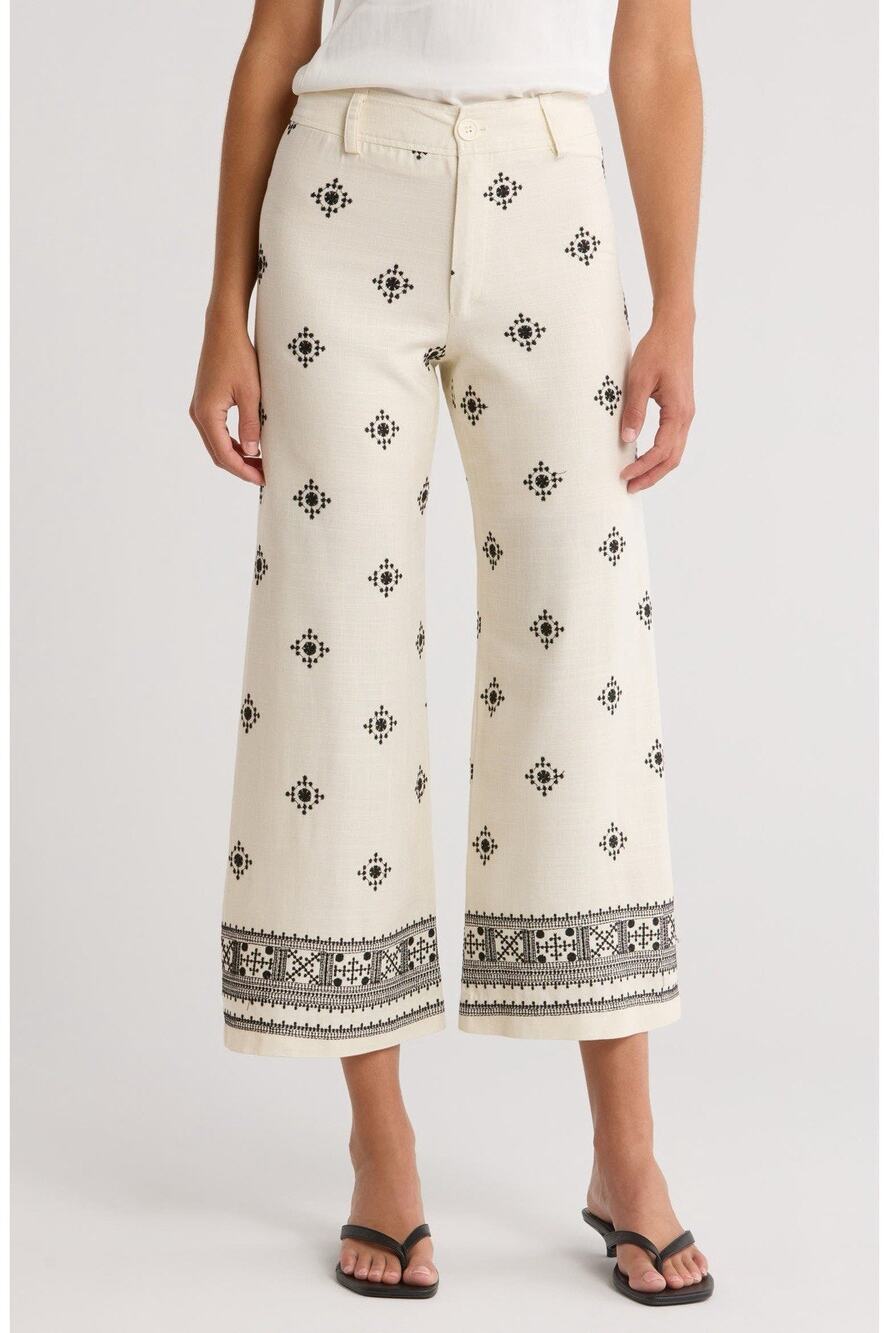 Sz 6 Ivory Black Embroidered Border Pants T Tahari